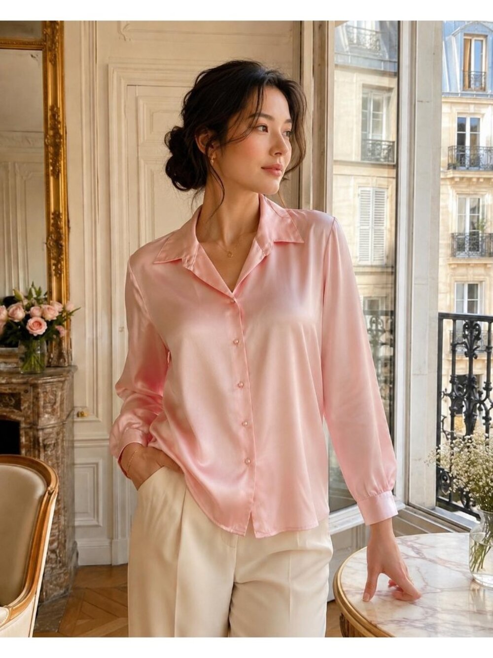 Vintage Baby Pink Satin Blouse Women’s XL | 90s Silky Button Up Shirt | Long Sle
